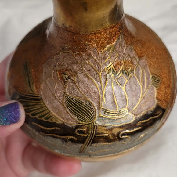 Brass Cloissonne Vase With Dragonfly and Floral Details - Picture 4 of 6